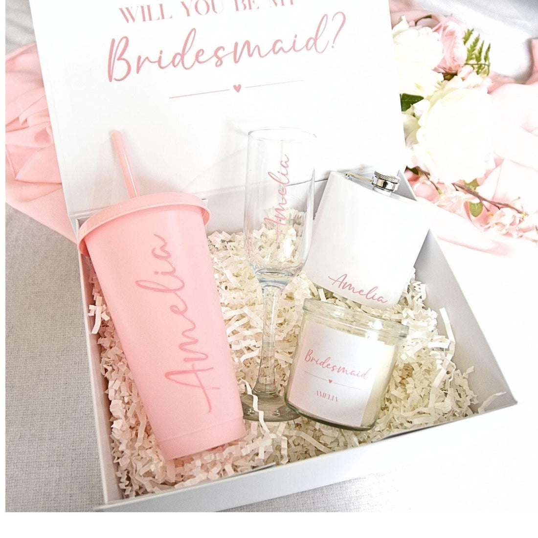 personalised filled bridemaid proposal box with cup candle glass and hip flask