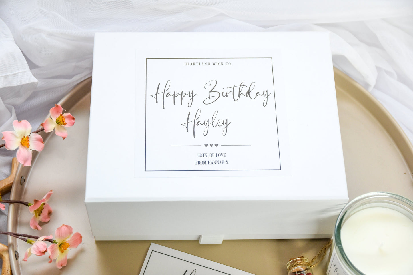 personalised gift box, gift box for her, birthday gift for her, gift box with happy birthday, gift box containing candle and matches