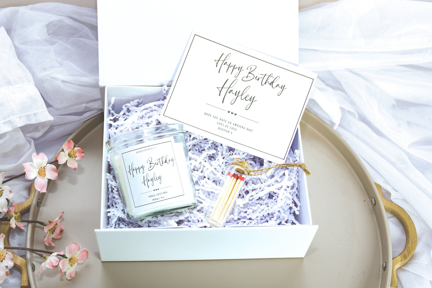 personalised happy birthday candle, candle for best friend, friend gift, gift for friend, happy birthday gift set, candle gift set, gift for women, gift for co worker, personalised candle, letterbox gift, gift box personalised, birthday gift box