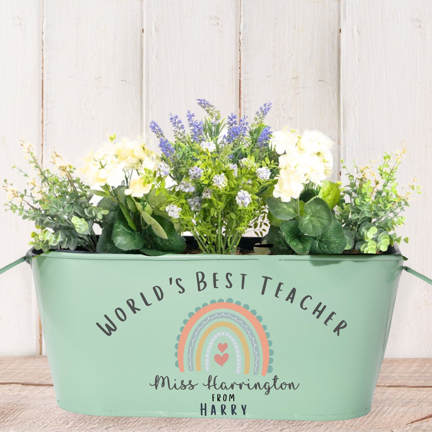 small metal trough planter filled with flowers, personalised teacher pot, teacher plant pot, teacher gift