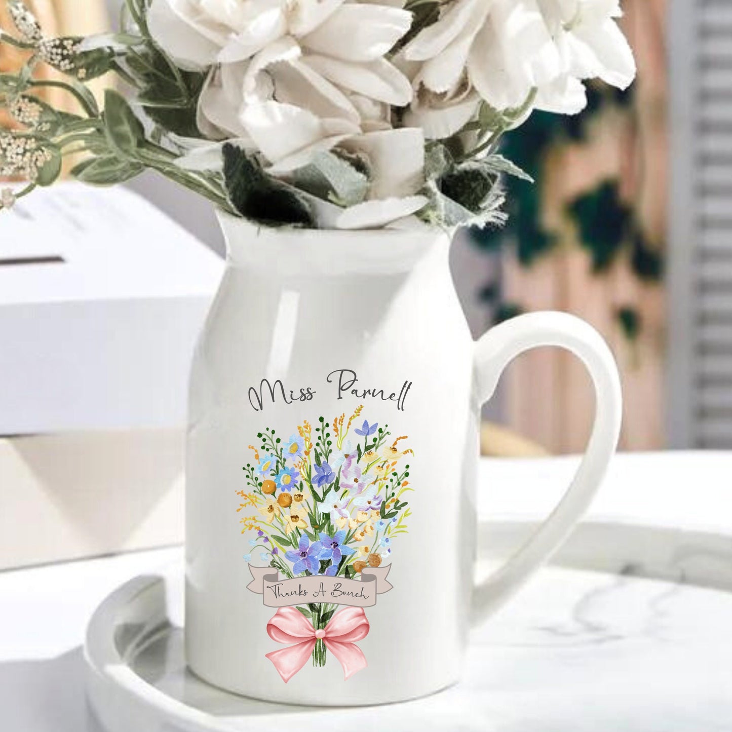 personalised jug vase, personalised with beautiful flowers, vase for flowers, vase personalised, jug vase, flower vase, ceramic white vase personalised