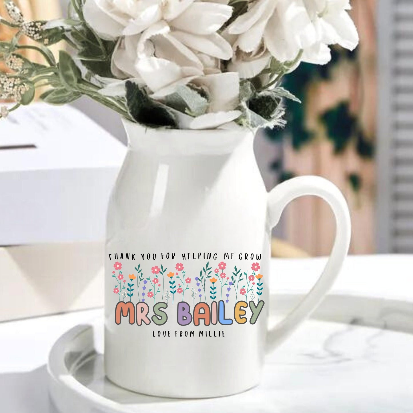 thank you for helping me grow, teacher gift, gift for teacher, teacher flower vase, special teacher gift, beautiful vase with flowers, personalised vase