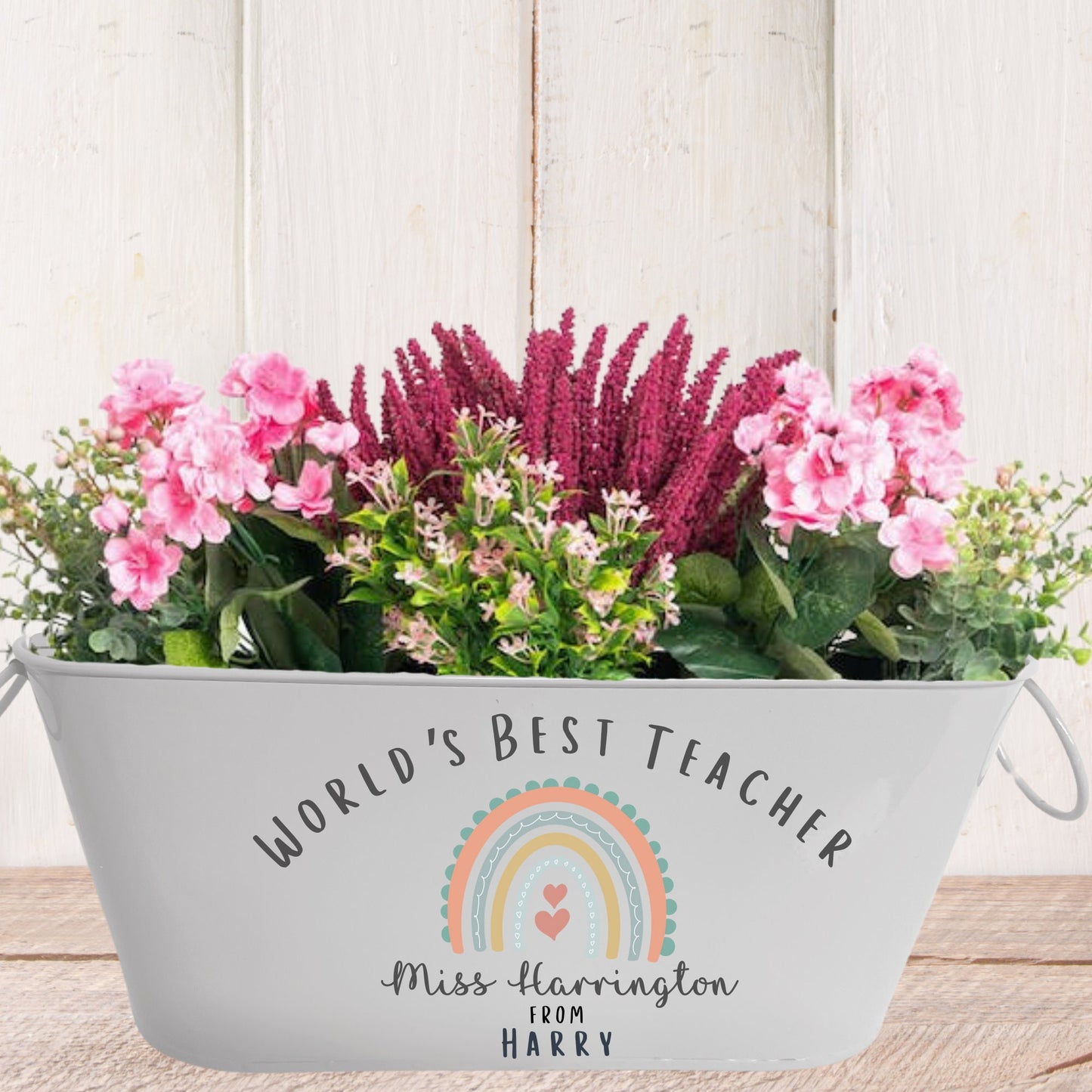 worlds best teacher planter, personalised gift for teacher, planter with rainbow, Thank you Teacher Gift, Metal Planter personalised with worlds best teacher, filled with flowers,