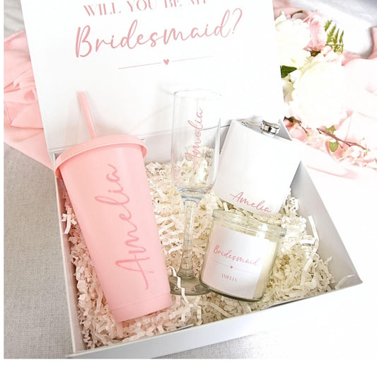 personalised filled bridemaid proposal box with cup candle glass and hip flask
