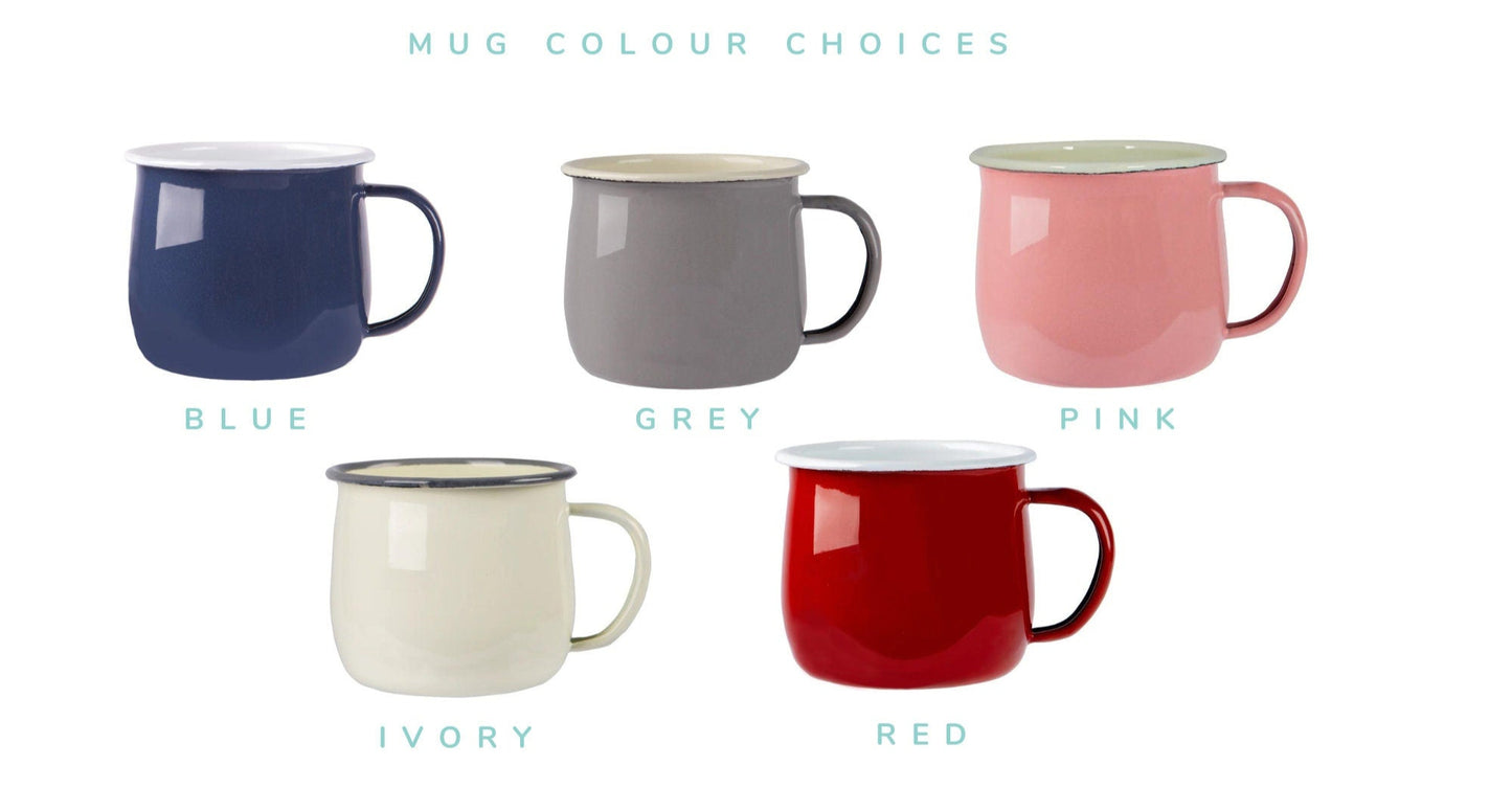 enamel mug colour choice, blue enamel mug, Grey enamel mug, Pink enamel mug, ivory enamel mug, red enamel mug