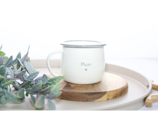 mum mug, enamel mug, mothers day mug, mug with mum, personalised mug for mum