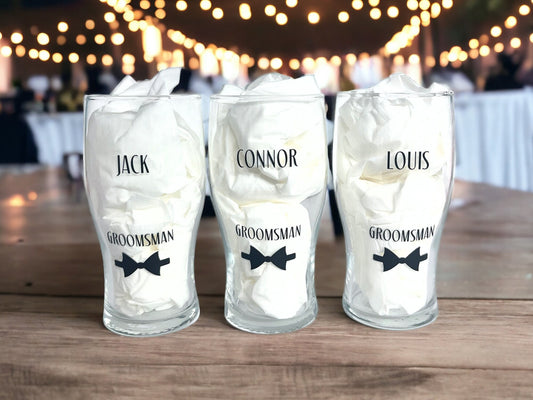 GROOMSMAN PINT GLASS, PINT GLASS WITH BOW TIE PRINT, PRINTED PINT GLASS,