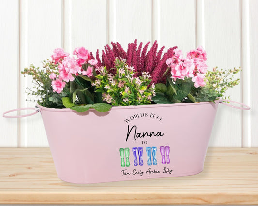 metal flower planter printed with a family welly boot designed, flower planter gift saying worlds best Nanna