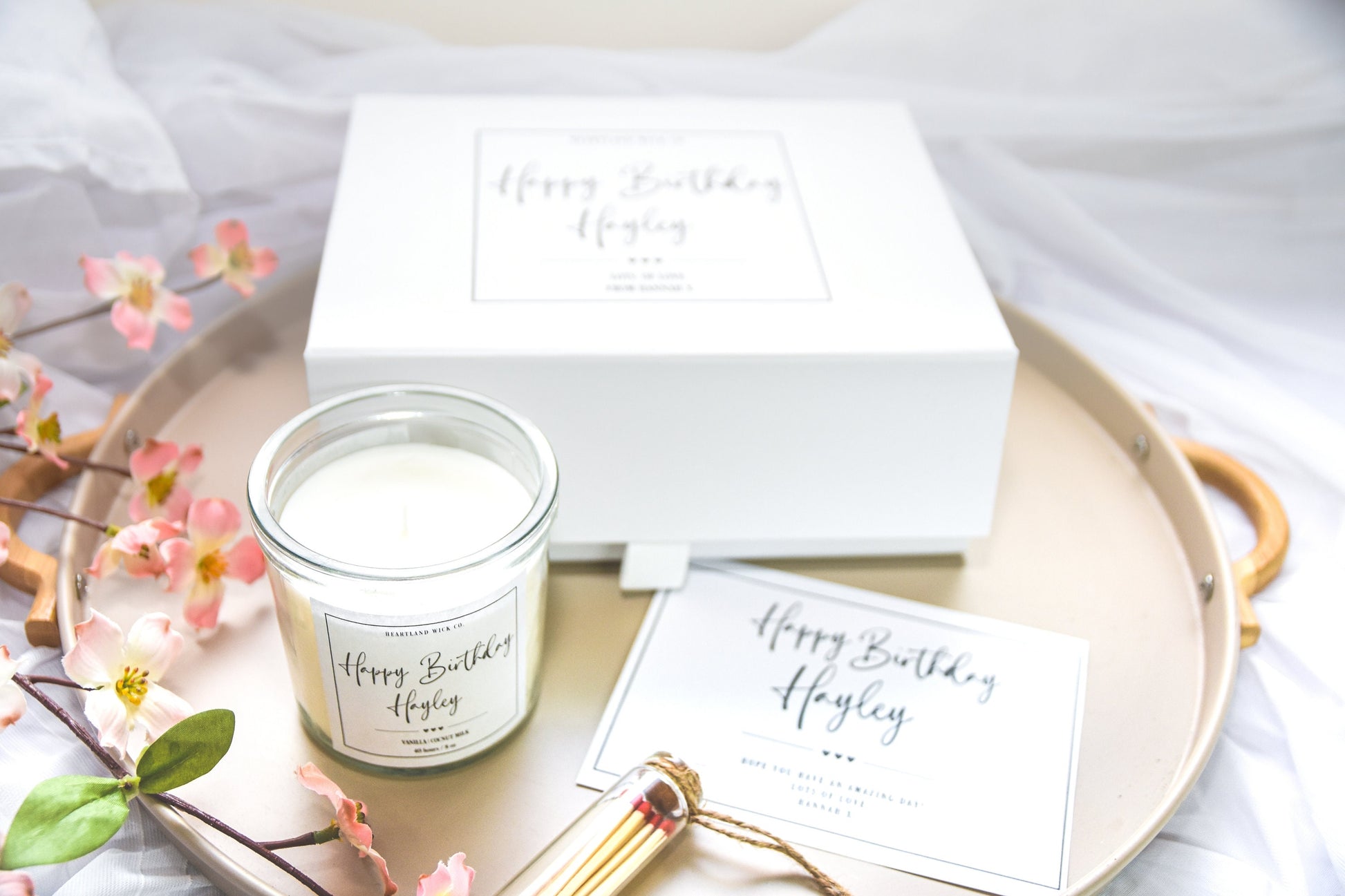 personalised gift box, gift box for her, birthday gift for her, gift box with happy birthday, gift box containing candle and matches, candle and gift box