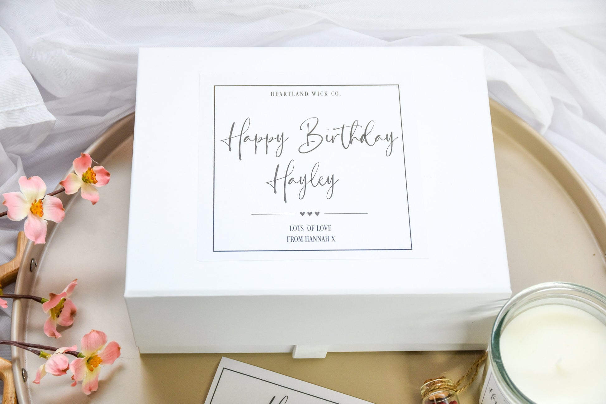 personalised gift box, gift box for her, birthday gift for her, gift box with happy birthday, gift box containing candle and matches