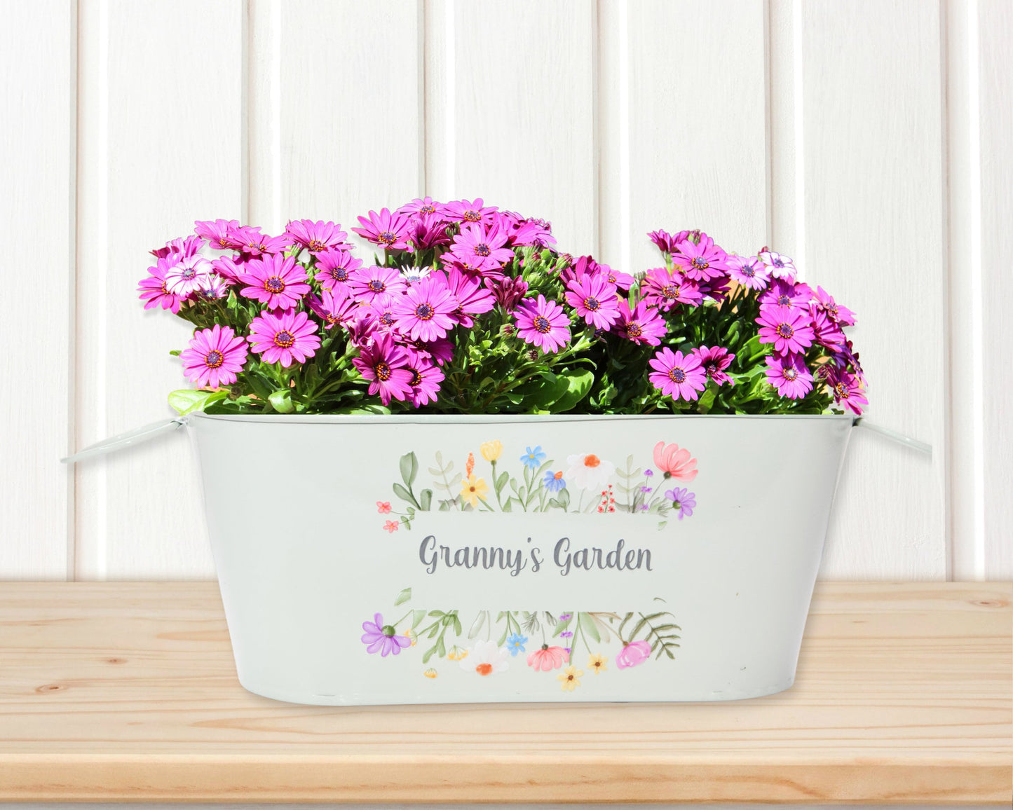 metal flower planter printed with Granny&#39;s Garden, Mothers Day Gift for Granny, Flower pot personalised with flowers and Granny&#39;s Garden