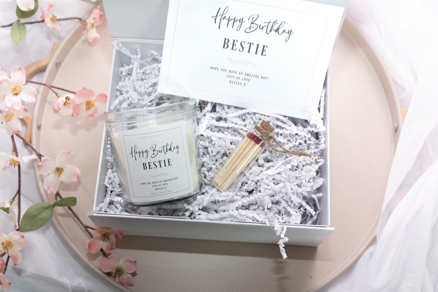 happy birthday bestie candle, gift for bestie, personalised candle for best friend, birthday gift set for best friend, gift For best friend, candle gift set with matches and gift box