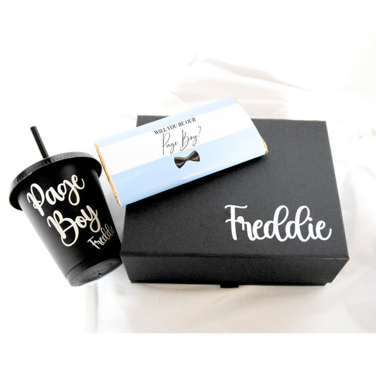 page boy gift box, personalised black page boy proposal gift box set with cup and chocolate