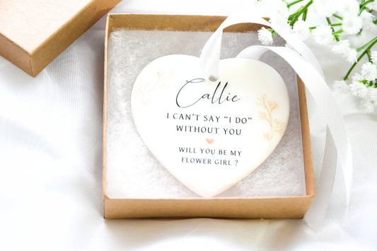 ceramic heart ornament in gift box printed with will you be my flower girl