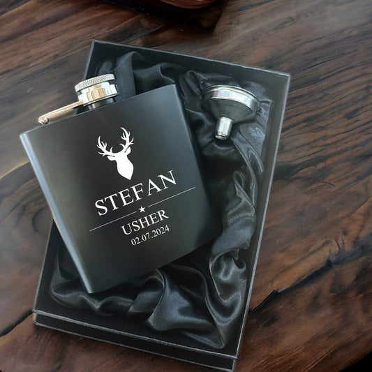 hip flask for usher, best man hip flask, flask for groomsman, black hip flask for wedding gift, hip flask with gift box, personalised hip flask, groom hip flask, black hip flask with stags head in gift box