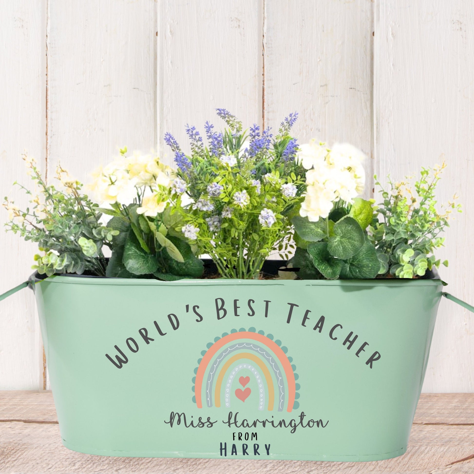 small metal trough planter filled with flowers, personalised teacher pot, teacher plant pot, teacher gift
