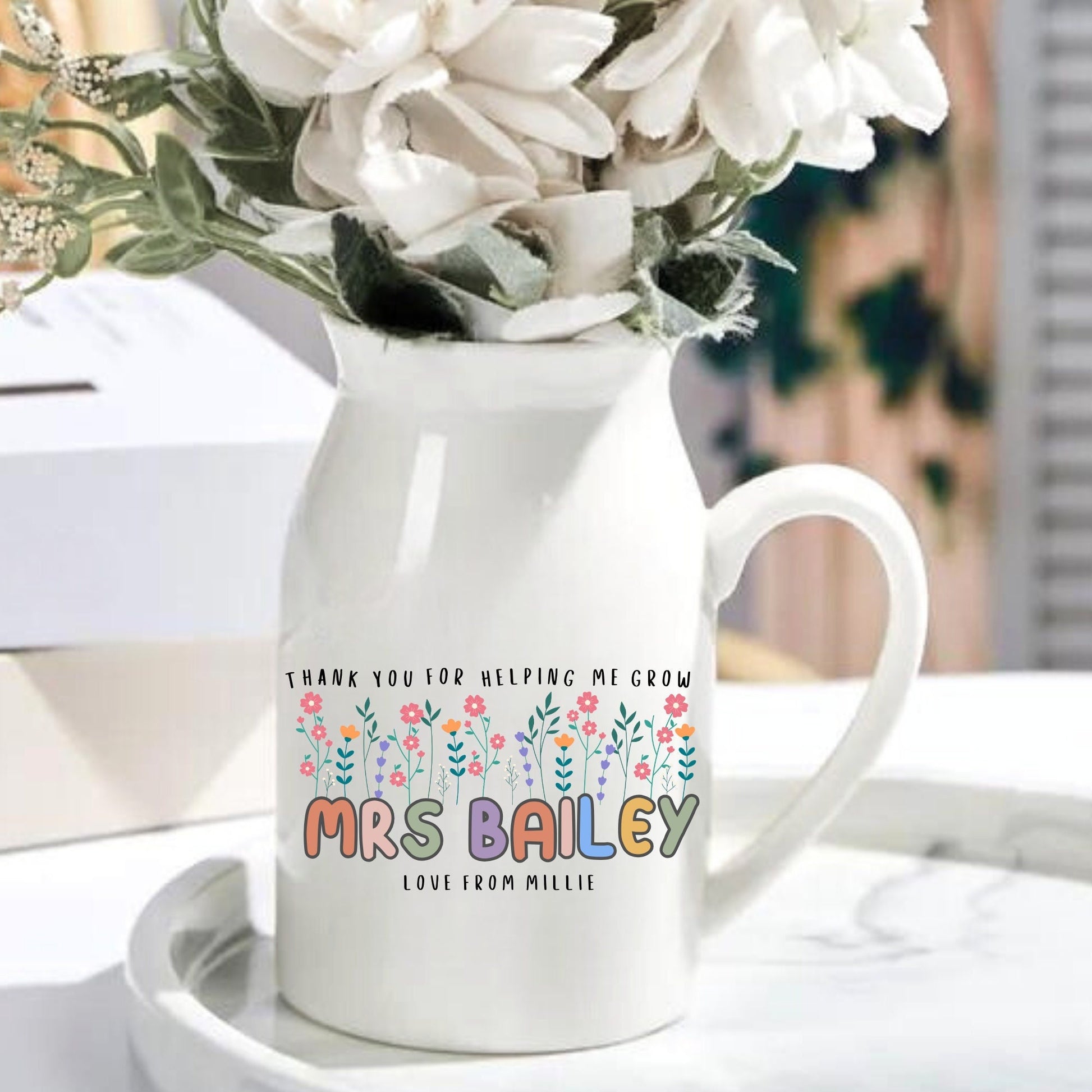 thank you for helping me grow, teacher gift, gift for teacher, teacher flower vase, special teacher gift, beautiful vase with flowers, personalised vase