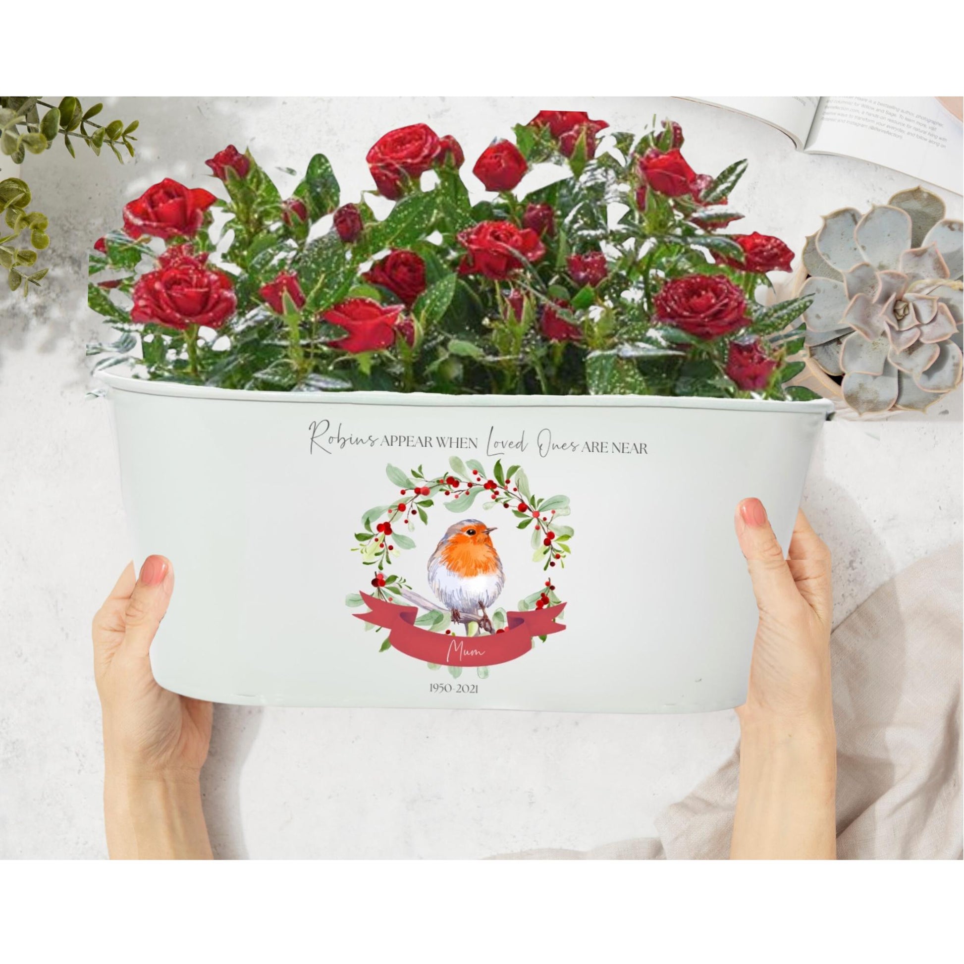 personalised memorial planter, robins appear when loved ones are near, printed on metal planter trough, plant pot for cemetery, memorial plant pot, christmas remembrance plant pot, grave decoration christmas