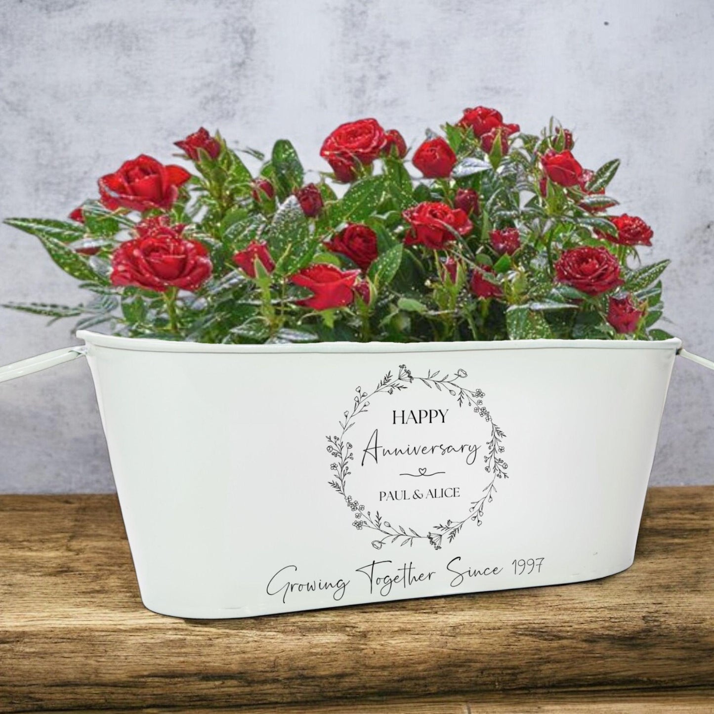 anniversary gift, metal planter personalised for wedding anniversary, flower planter with red roses, growing together since, gift for wedding anniversary mum and dad