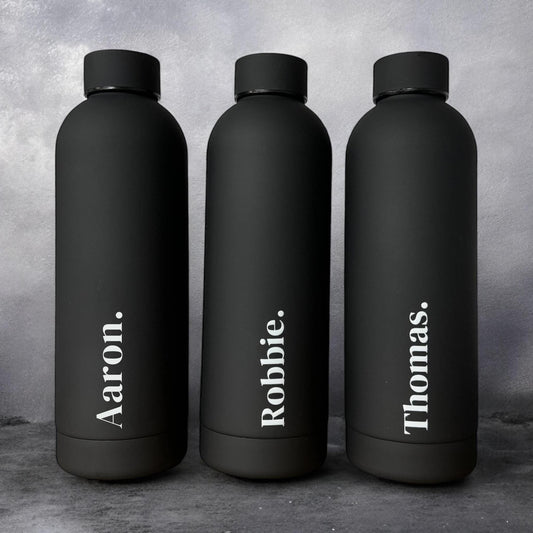 black water bottle for men, his water bottle, water bottle for gym, black screw top water bottle.