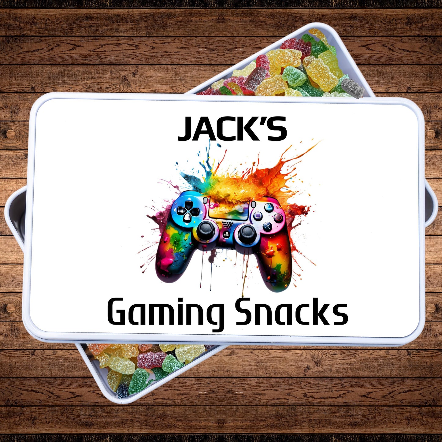 white metal tin personalised with a bright gaming controller and name, Jacks gaming snacks, white tin for gaming snacks, a stocking filler personalised for a gamer or teenagers