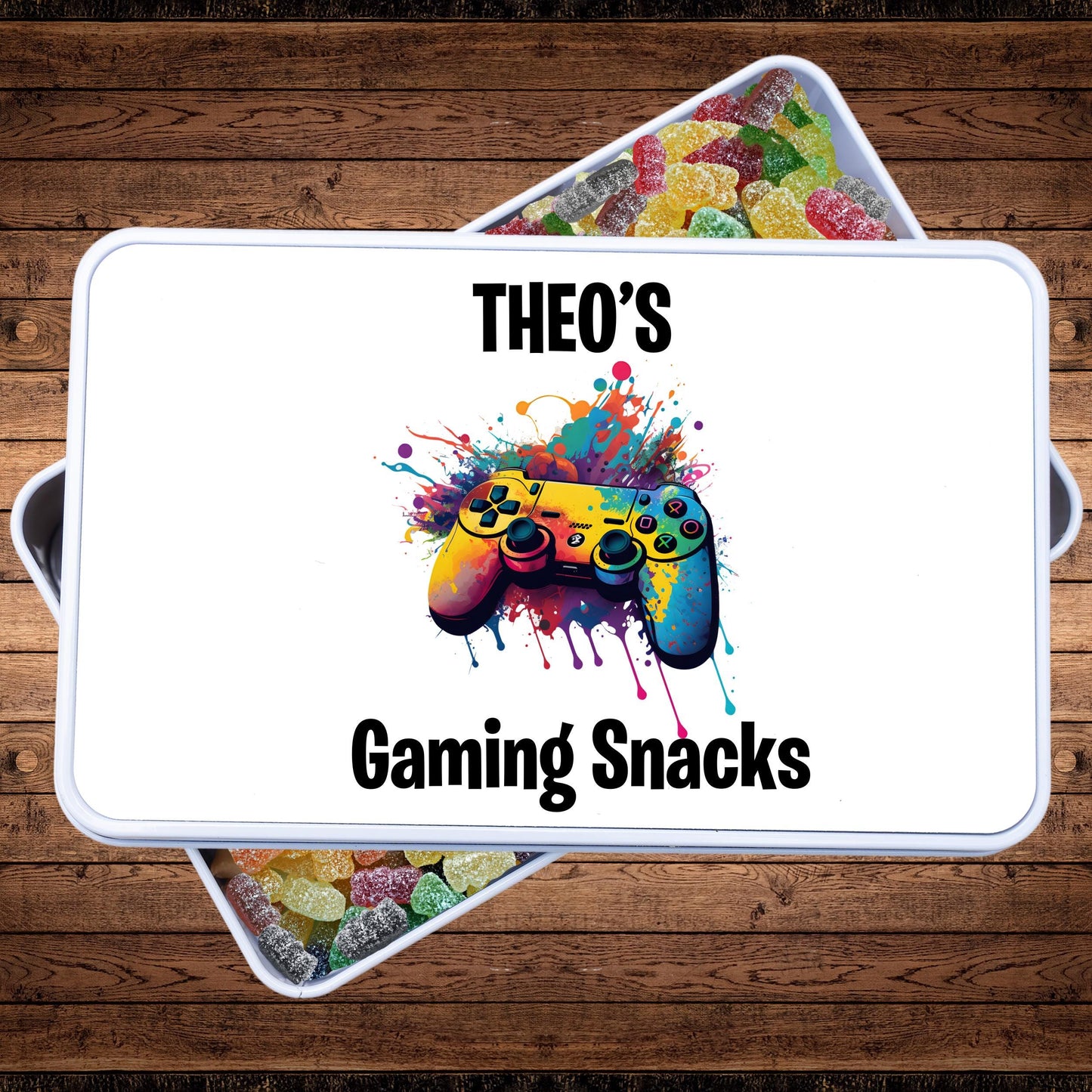 white metal gaming snacks tin with a printed image of colourful x box gaming controller personalised with a name,